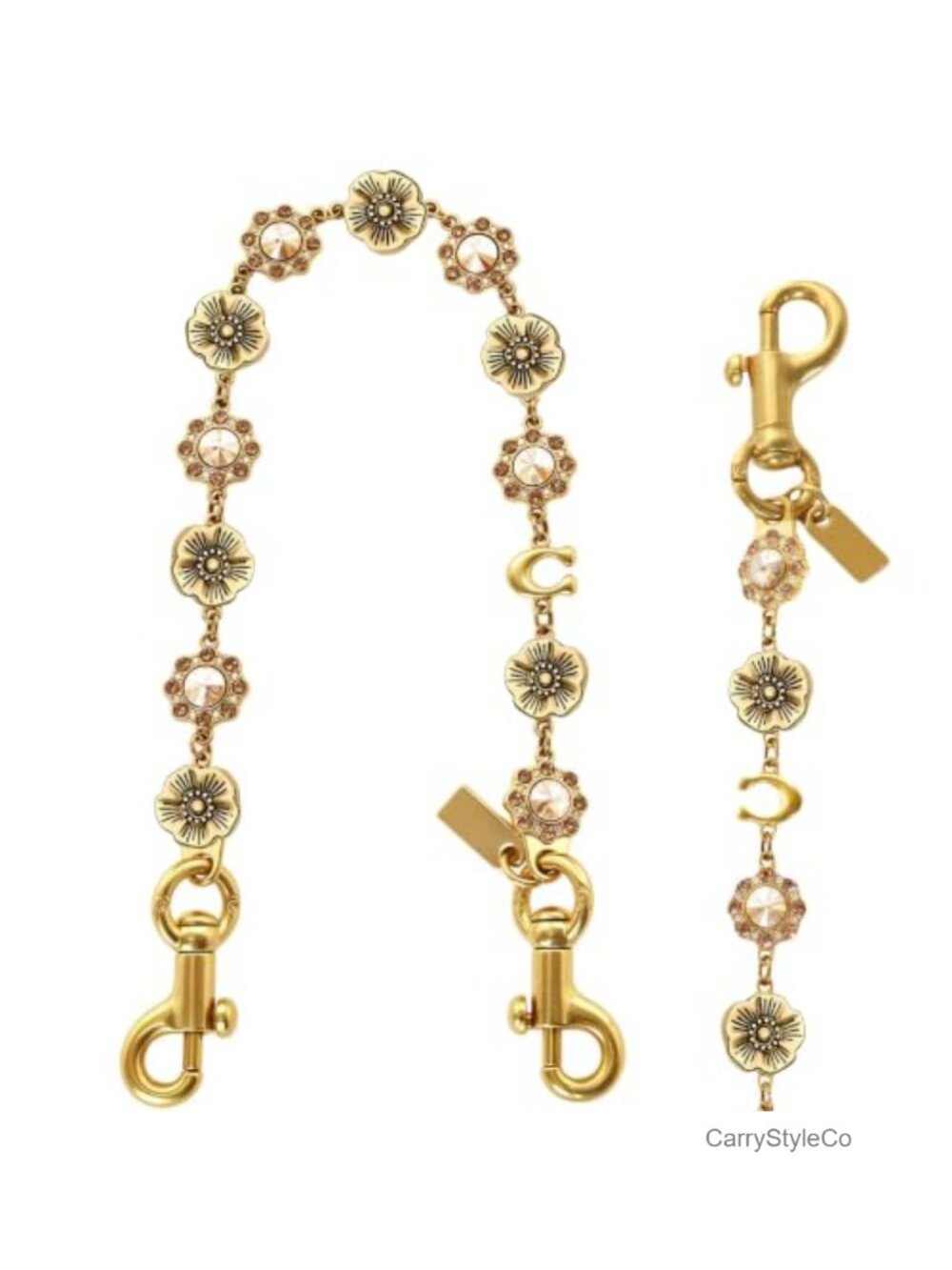 Crystal Flower Bag Charme Extender Chain for Purse, Bronze Metal, Lobster Clasp